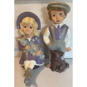1980s Ceramic Boy & Girl Farmhouse Decor Figurines. Country Children Animal VTG